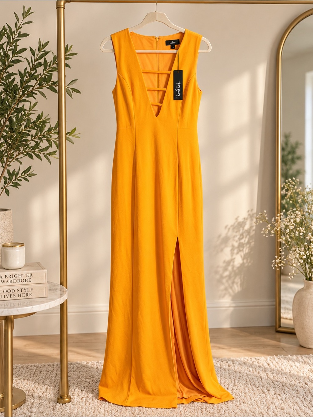 Lulus NWT Marigold Orange Strappy Plunge Maxi Dress Large Wedding Guest
